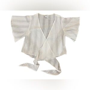 Polly White Grey Striped‎ Wrap Top Short Flutter Sleeve V-Neck Cropped Blouse 6